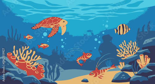 Vibrant Underwater Scene with Sea Turtle and Fish.