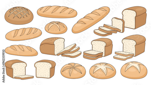 Wide variety of fresh baked bread including whole loaves sliced bread and artisanal rolls are presented in warm natural colors.