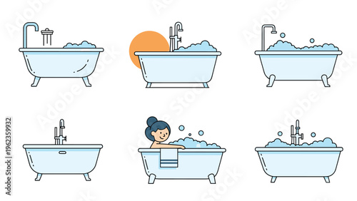 Series of bathroom illustrations features a bathtub in various stages of use including a person taking a bath with soap bubbles.
