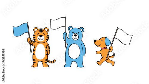 Cartoon tiger bear and dog characters participate in a celebration or parade while holding colorful flags on a white background.