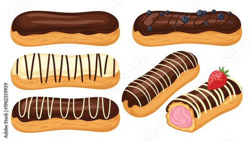 Assorted delicious eclairs with various fillings and toppings such as chocolate vanilla blueberries and a strawberry are displayed.