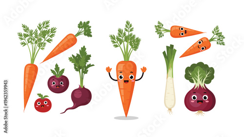 Playful vegetable characters including carrots beets and a radish with cute smiling faces are featured in this colorful illustration.