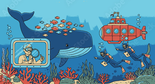 Whale Submarine Divers Exploring Underwater Ocean Life.