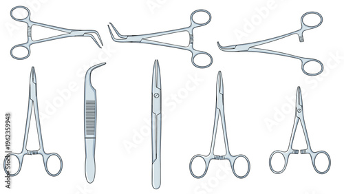 Professional surgical and medical instruments such as forceps scissors and tweezers are shown in a detailed technical illustration.