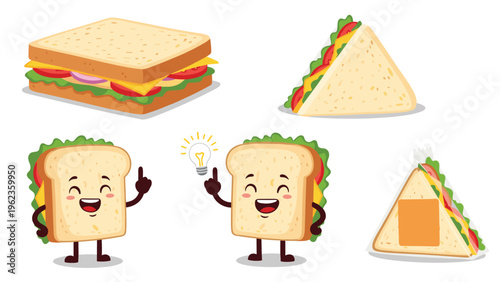 Selection of tasty sandwiches includes a classic club sandwich a triangle sandwich and cute sandwich characters with happy faces.