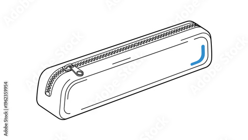 Simple line art drawing of a zippered pencil case or small storage pouch is shown from a perspective angle on a white background.