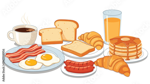 Comprehensive breakfast spread includes eggs bacon toast pancakes sausages croissants coffee and orange juice on a white background.