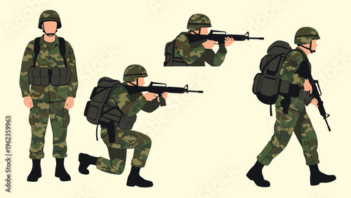 Silhouettes of soldiers in camouflage uniforms and helmets are shown in various combat and standing positions with rifles ready.