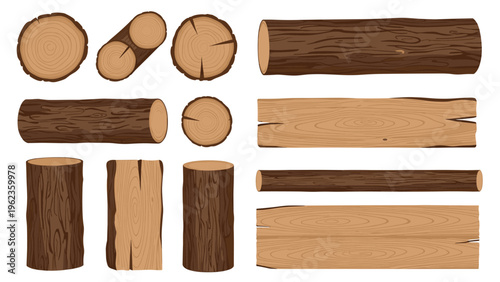 Detailed illustration of various wood logs cut sections and timber planks displaying natural textures and tree rings for woodworking.