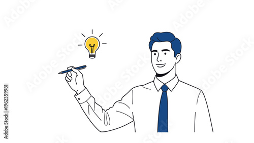 Businessman holding a pen and looking at a glowing lightbulb representing a creative idea or sudden inspiration in a professional setting.