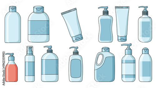 Diverse collection of blue and red plastic bottles and tubes for shampoo lotion and soap displayed in different sizes and shapes.