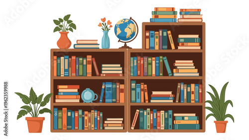 Large bookshelf filled with colorful books globe potted plants and vases creating a cozy library or home office atmosphere.