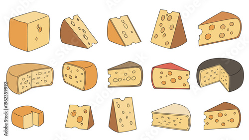 Assorted collection of cheese wheels wedges and blocks in different colors and textures featuring holes typical of Swiss varieties.