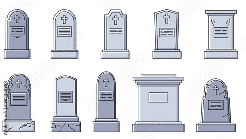 Collection of gray stone tombstones in various shapes with crosses and plaques for a cemetery or graveyard setting.