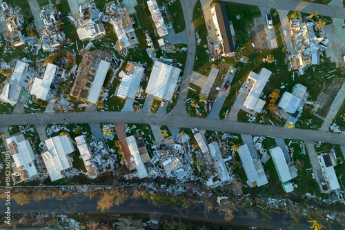 Quadro su tela Destroyed by hurricane Ian suburban houses in Florida mobile home residential area
