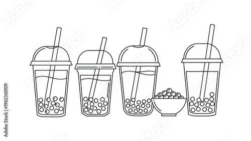 Line art illustrations of four plastic cups filled with bubble tea and boba pearls including a separate bowl of pearls.
