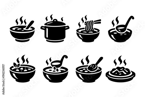 Collection of steaming hot soup and noodle icons in a simple black and white style