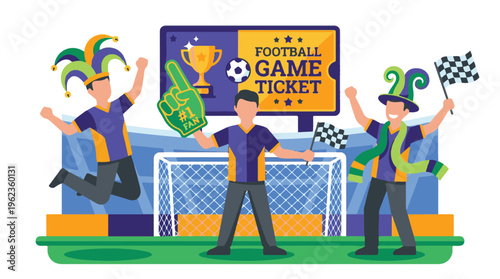 Cheerful football fans celebrating a game, holding flags and foam finger.