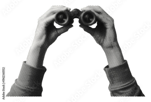 hands holding binoculars isolated retro halftone vintage grunge dotted texture cut-out observation searching focus exploration collage element mixed media design