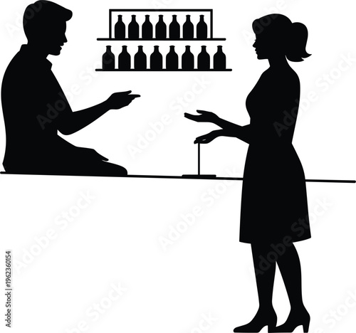 Bartender and customer silhouettes vector illustration, bar counter conversation service hospitality nightlife concept