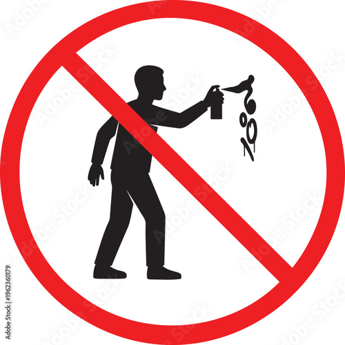 No graffiti sign featuring black silhouette of person using spray paint can inside red prohibition circle for vandalism prevention property protection warning notice and urban safety regulation icon d