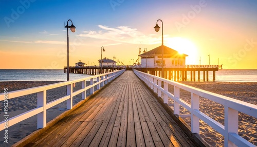 Wooden Pier at Sunset with Ocean Views.