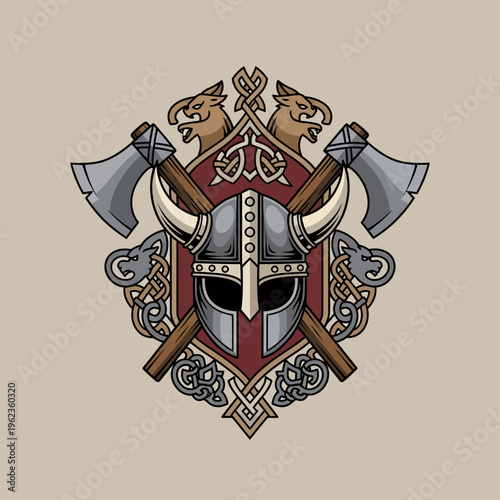 Viking Helmet and Axes Emblem with Norse Knotwork and Dragon Heads