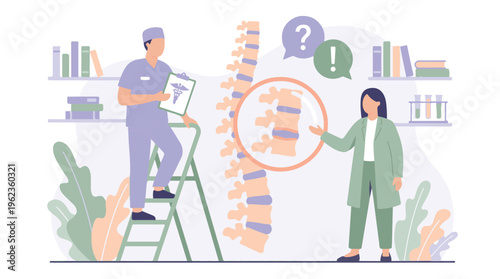 Medical team analyzing human spine model, focusing on disc problems