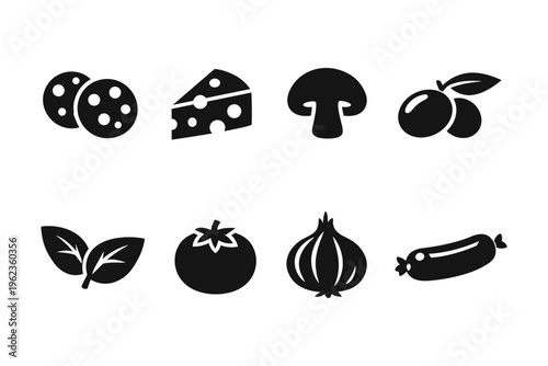 Collection of simple black icons representing pizza ingredients on a white background
