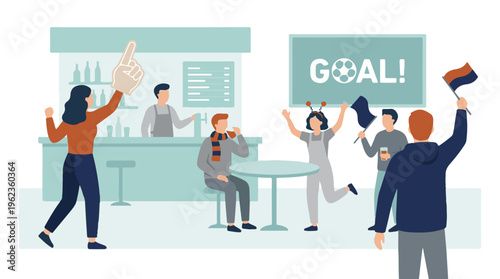 Football soccer fans celebrating a goal in a sports bar or pub