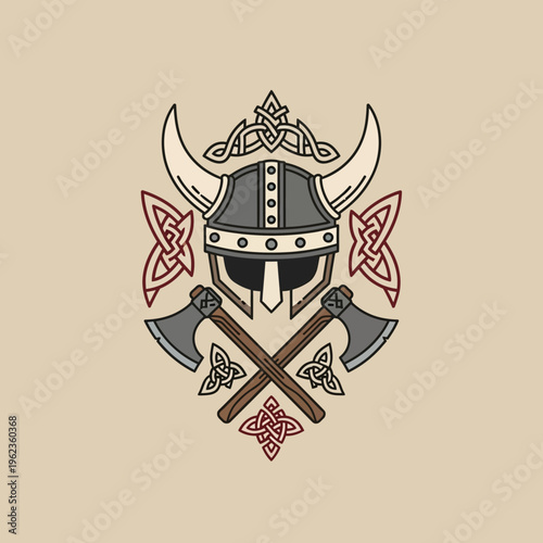 Viking Helmet with Crossed Axes and Celtic Knots - Warrior Symbol