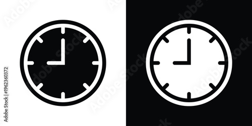 Simple analog clock icon set. Minimalist vector illustration showing the time, ideal for schedule planning, appointments, and general timekeeping concepts. High resolution B&W.