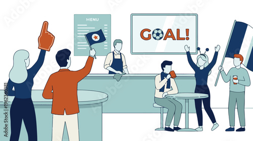 Excited fans celebrating a goal while watching a football match in a bar