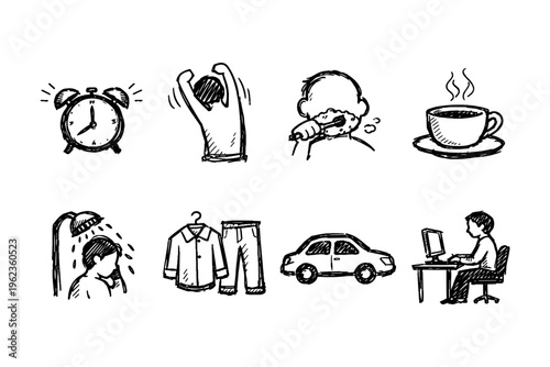 Daily routine icons: waking up, showering, grooming, dressing, commuting, and working