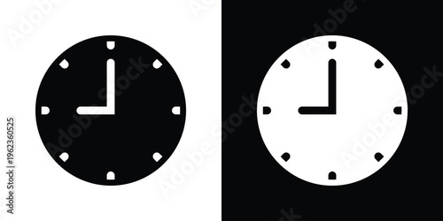 Simple analog clock icon set. Minimalist vector illustration showing the time, ideal for schedule planning, appointments, and general timekeeping concepts. High resolution B&W.