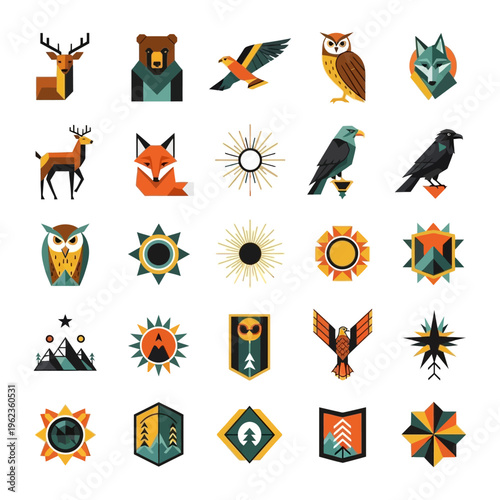 Geometric Native American Style Animals and Symbols Vector Icons
