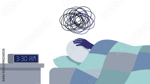 Illustration of person unable to sleep, experiencing insomnia and anxiety at night