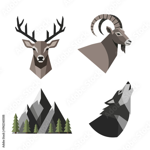 Geometric Wildlife and Mountain Icons: Deer, Goat, Wolf, and Forest Landscape
