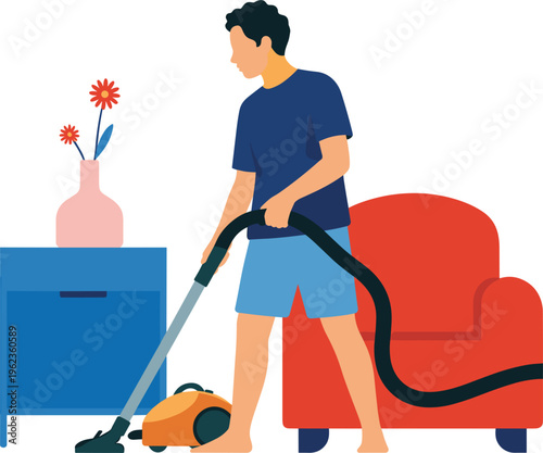 Man vacuuming living room vector illustration, home cleaning activity domestic chores cartoon lifestyle design