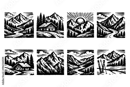Woodcut style mountain landscapes with cabins and rivers, serene nature scenes
