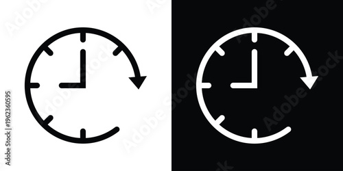 Simple analog clock icon set. Minimalist vector illustration showing the time, ideal for schedule planning, appointments, and general timekeeping concepts. High resolution B&W.