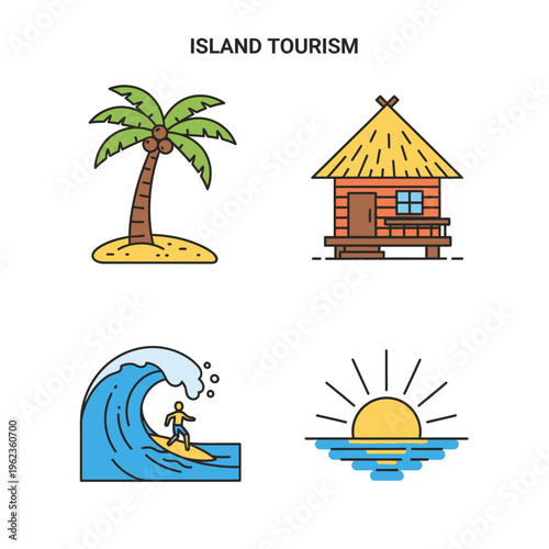 Island Tourism Icons: Palm Tree, Bungalow, Surfing Wave, Sunset Over Ocean