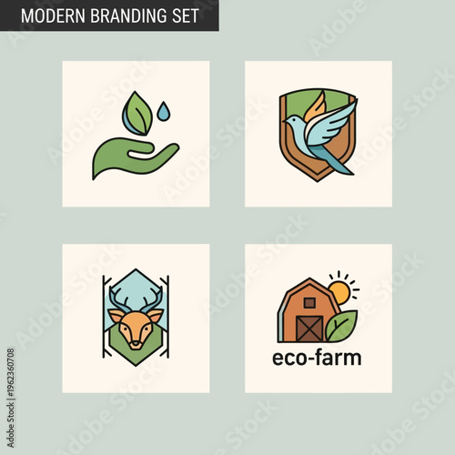 Modern Branding Set: Eco-Friendly Icons for Nature, Agriculture, and Wildlife
