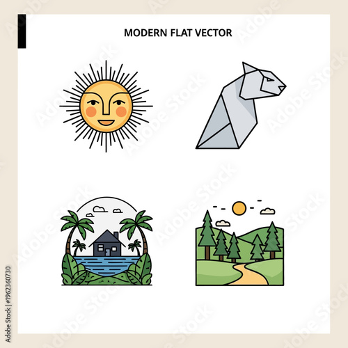 Modern Flat Vector Icons: Sun, Animal, Landscape, Nature Scenes