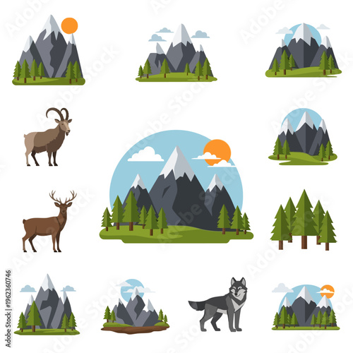 Mountain Landscape Icons: Animals, Trees, and Peaks with Sun and Clouds