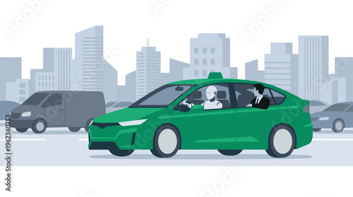 Robot-driven autonomous taxi carrying a passenger in city traffic