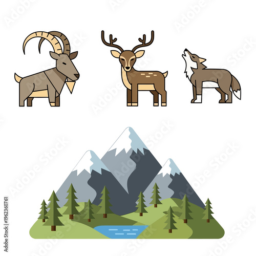 Mountain landscape with forest, lake, and wild animals: ibex, deer, wolf