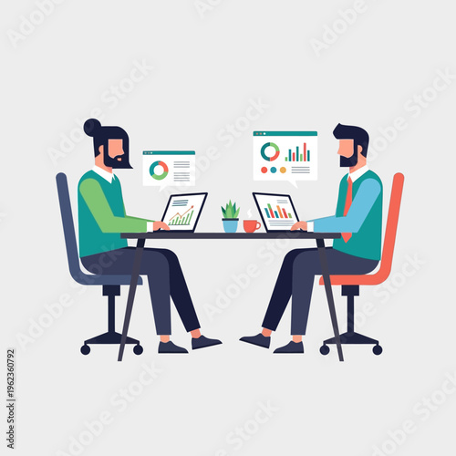 Two businessmen collaborating on laptops with charts and graphs, teamwork concept