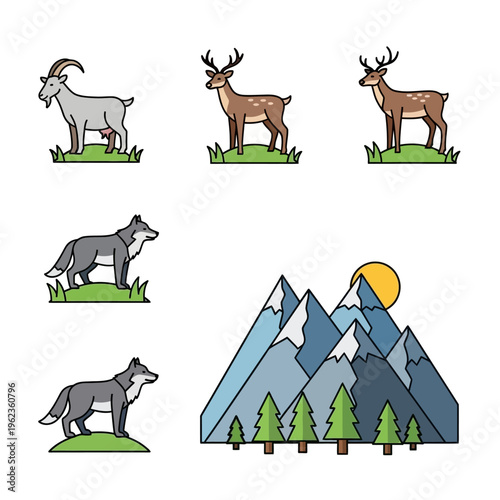 Mountain Wildlife Scene: Deer, Goat, Wolf, and Forest with Sun