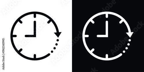Simple analog clock icon set. Minimalist vector illustration showing the time, ideal for schedule planning, appointments, and general timekeeping concepts. High resolution B&W.